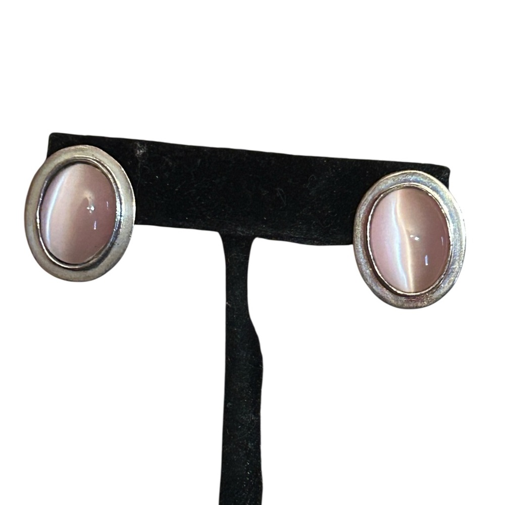 VTG Mexico 925 Sterling Silver Pink Cat's Eye Oval Stud Earrings
